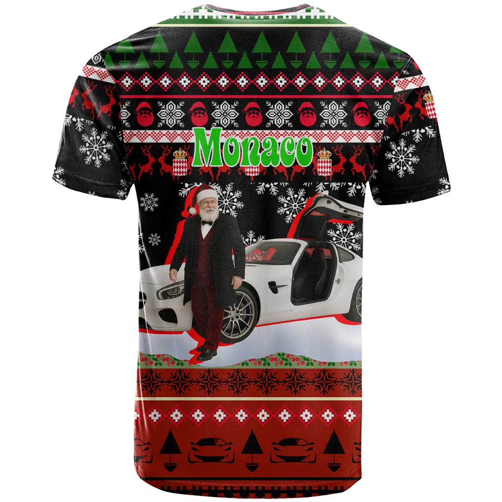 Monaco Christmas T-Shirt with Santa Claus Sports Car Snowflakes and Luxury Holiday Graphic Tee