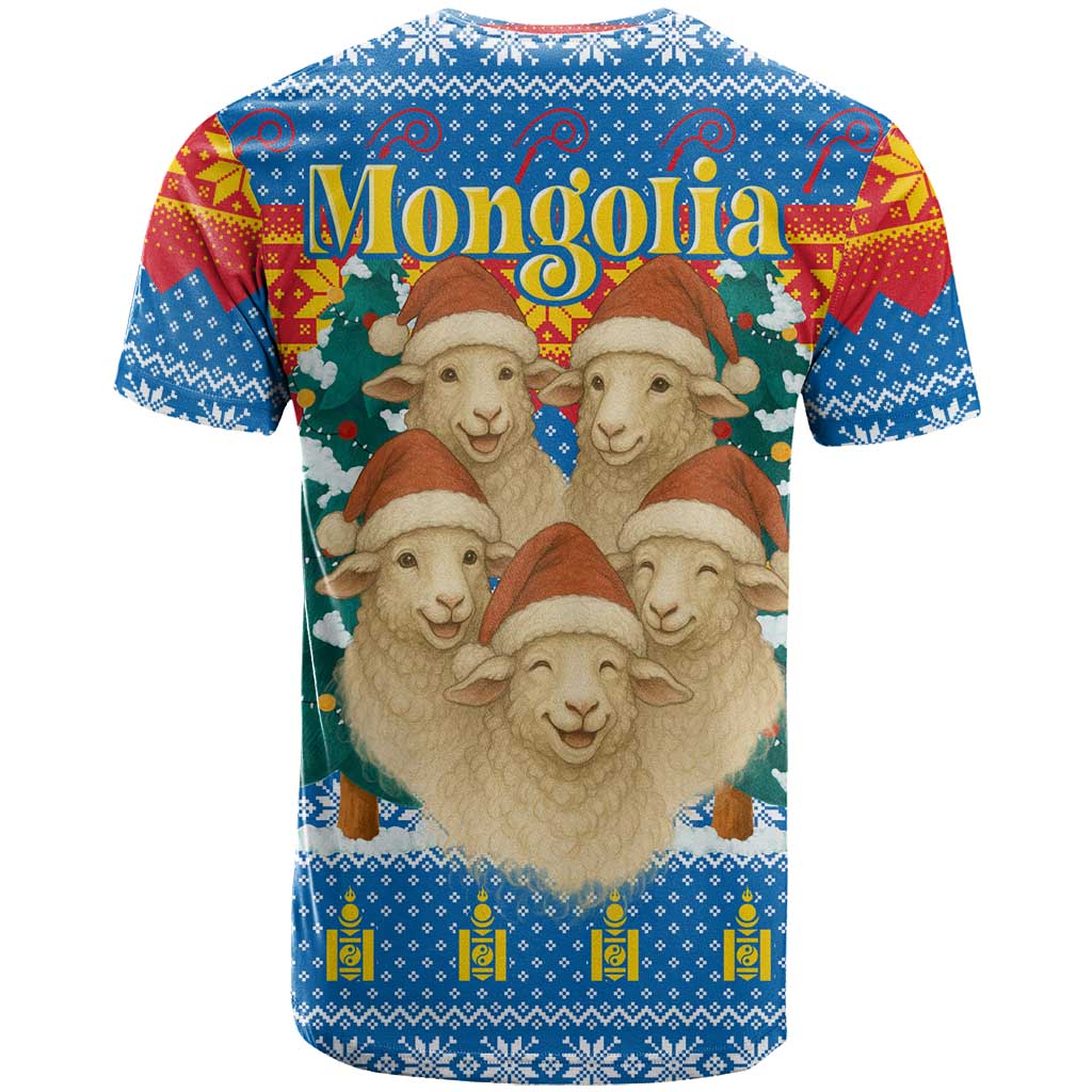 Mongolia Christmas T-Shirt with Santa Sheep Christmas Trees and Snowflake Graphic Tee