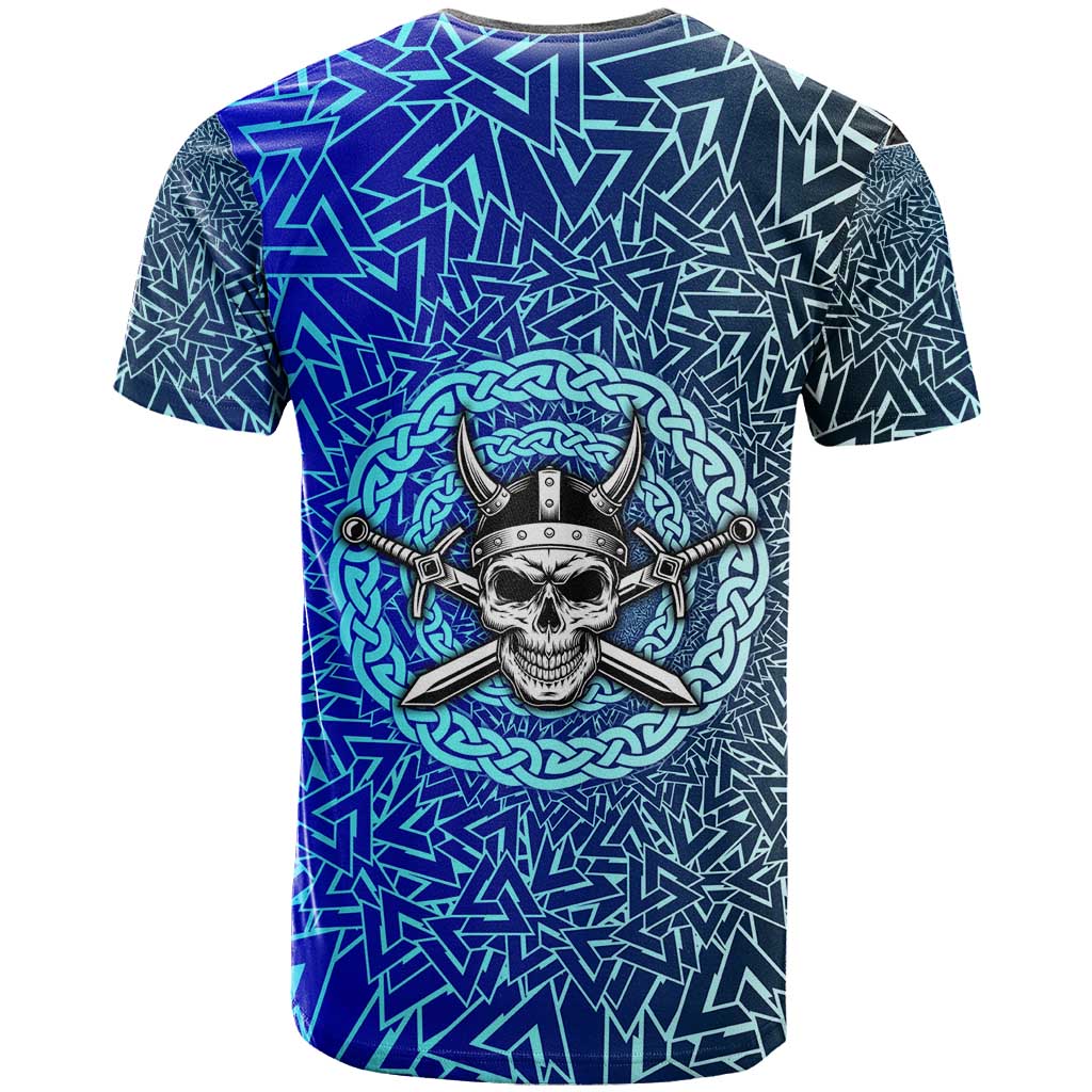 Viking Skull T-Shirt with Horned Helmet and Swords Nordic Warrior Tribute Graphic Tee