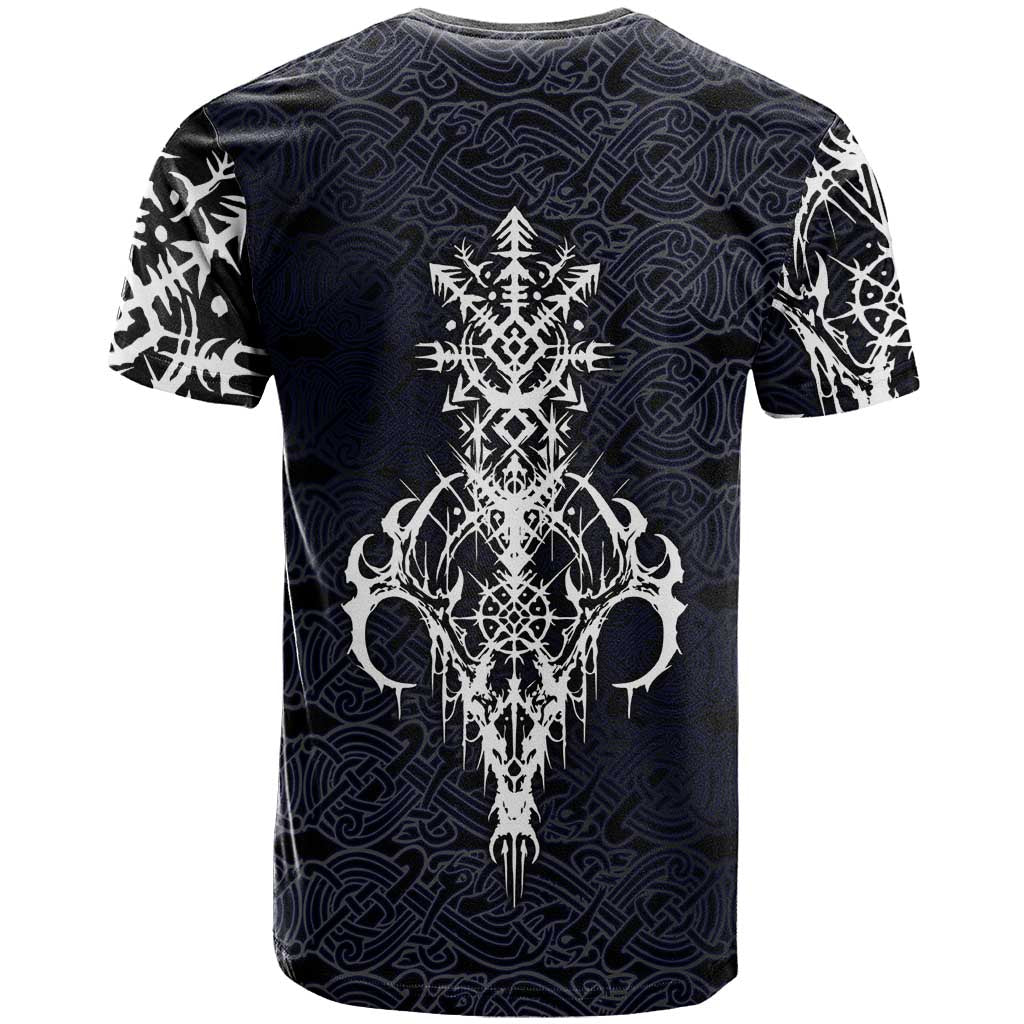 Runic Skull T-Shirt with Nordic Symbols and Knot Pattern Viking Heritage Tribute Graphic Tee
