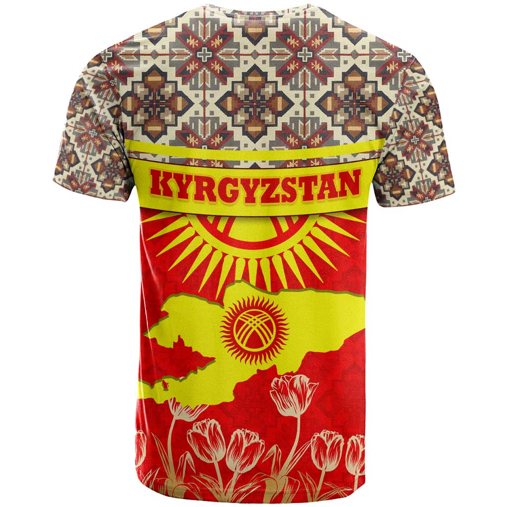 Kyrgyzstan Eagle and Tulip T-Shirt with Red Ethnic Pattern with National Sun Emblem Graphic Tee