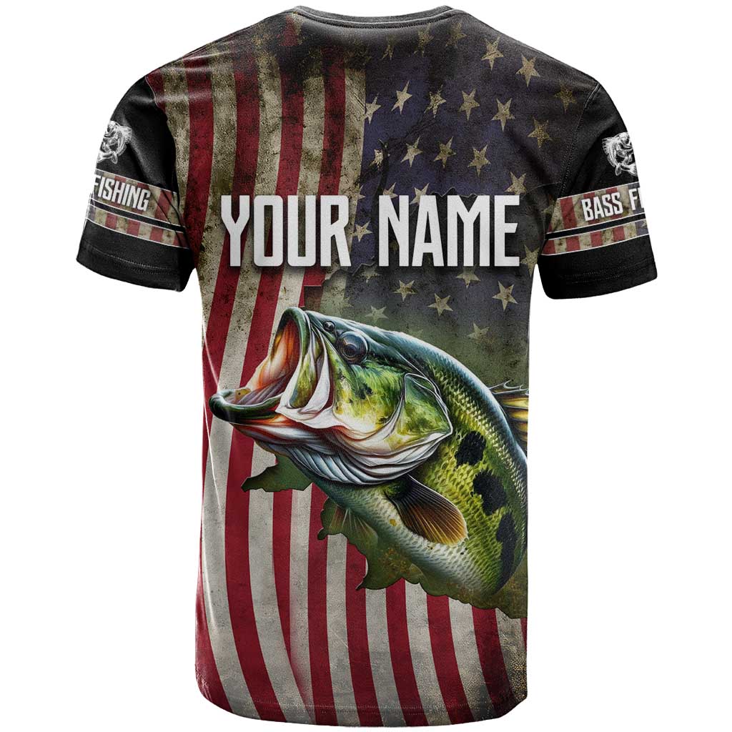 American Flag Largemouth Bass Fishing T-Shirt Jumping Fish Graphic and Custom Name Design Graphic Tee