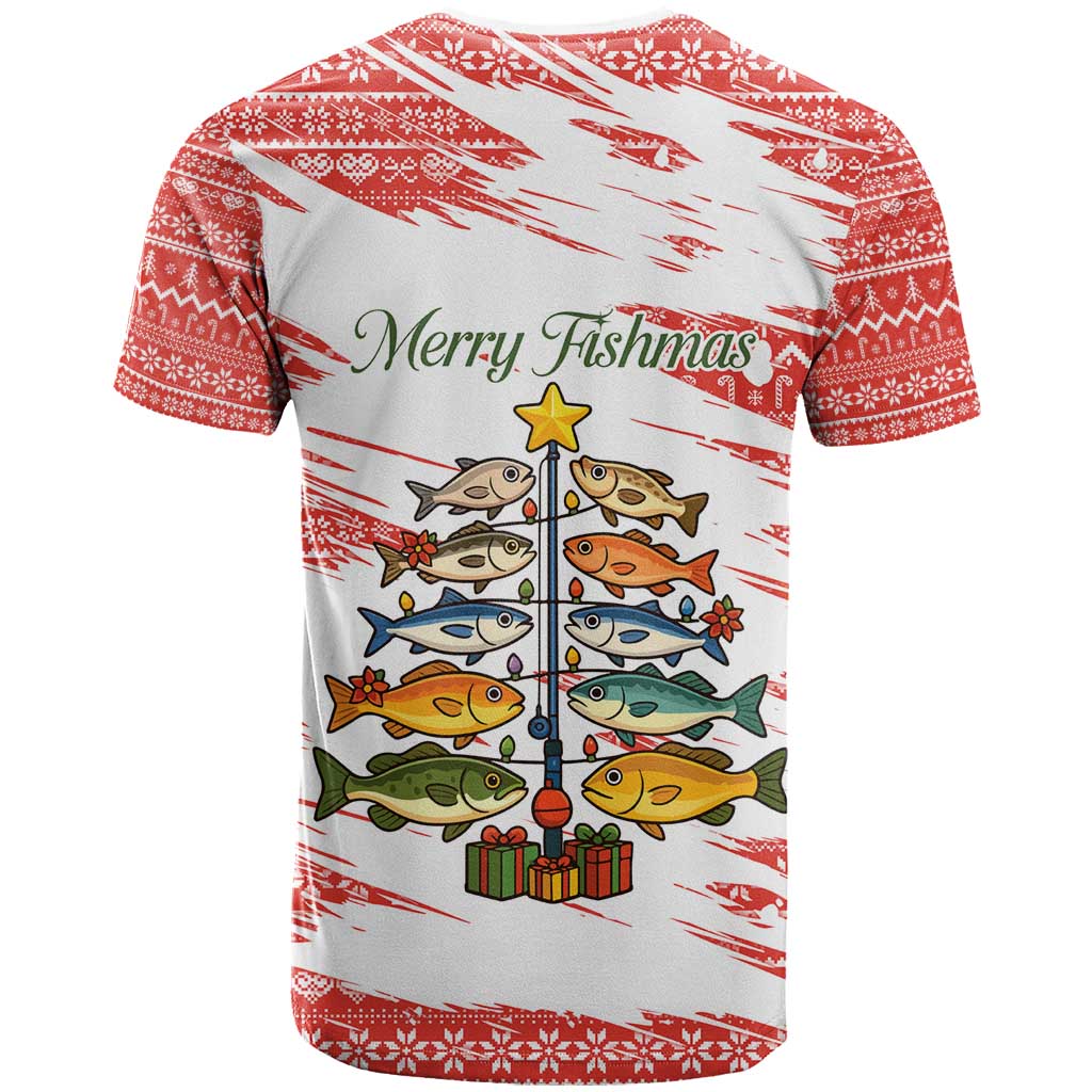 Christmas Fishing T-Shirt with Santa Claus Fish Tree and Red Snowflake Pattern Graphic Tee