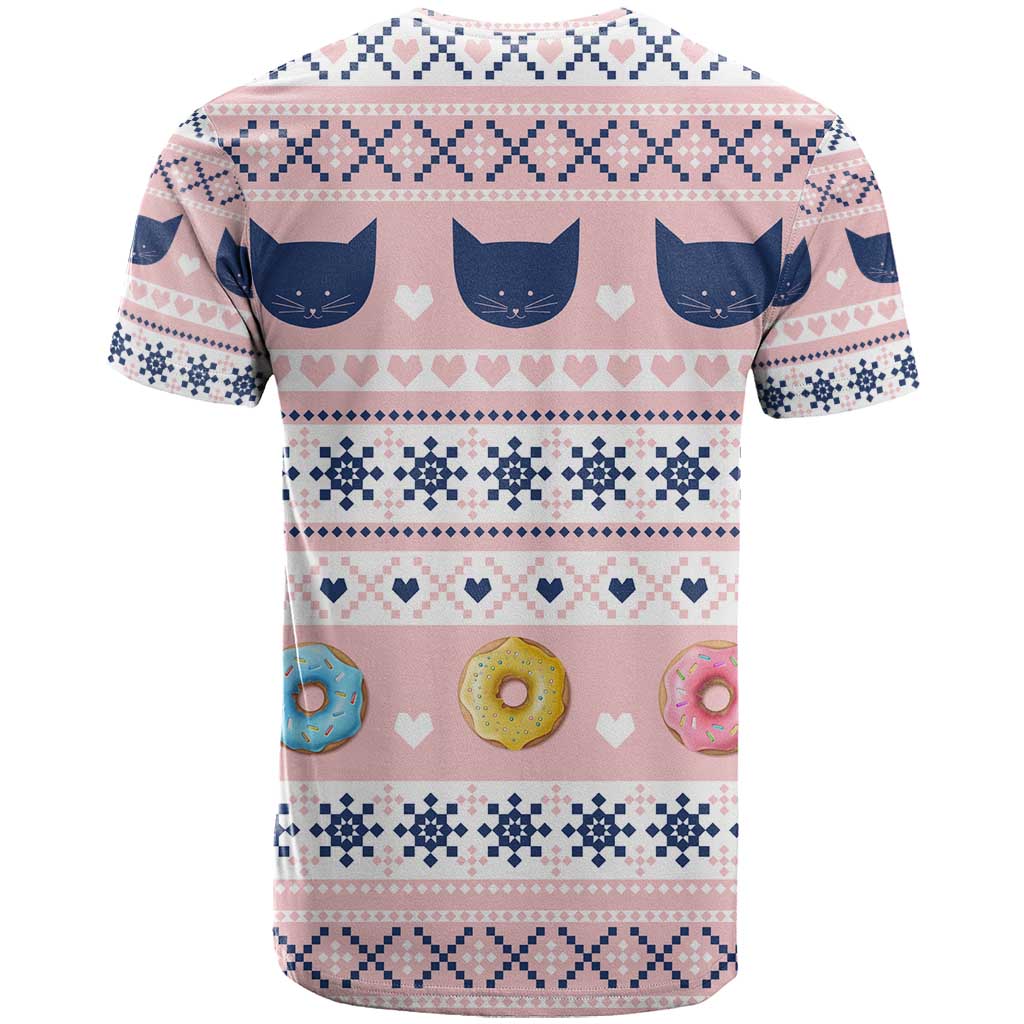 Cat I Do It For Donuts Christmas T-Shirt Xmas Holiday Patterns Graphic Tee