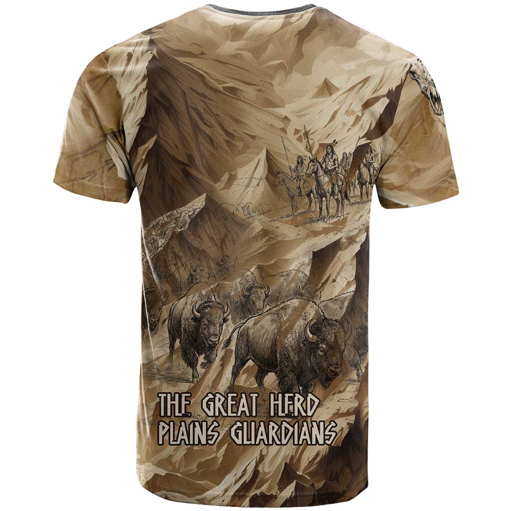 Buffalo Skull Native American T-Shirt Tribal Symbols and Mountain Scene Great Herd and Plains Guardians Graphic Tee