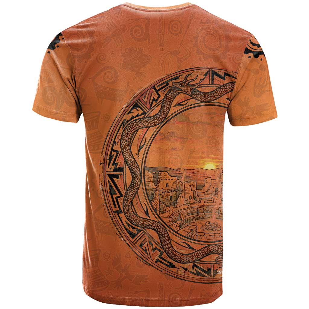 Kokopelli Tribal T-Shirt Native American Southwestern Petroglyph Patterns Sunset Landscape Graphic Tee