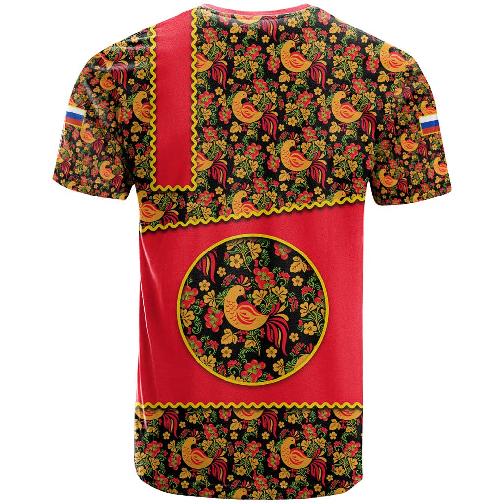 Russia Folk Art T-Shirt with Khokhloma Pattern and Traditional Rooster Design Graphic Tee