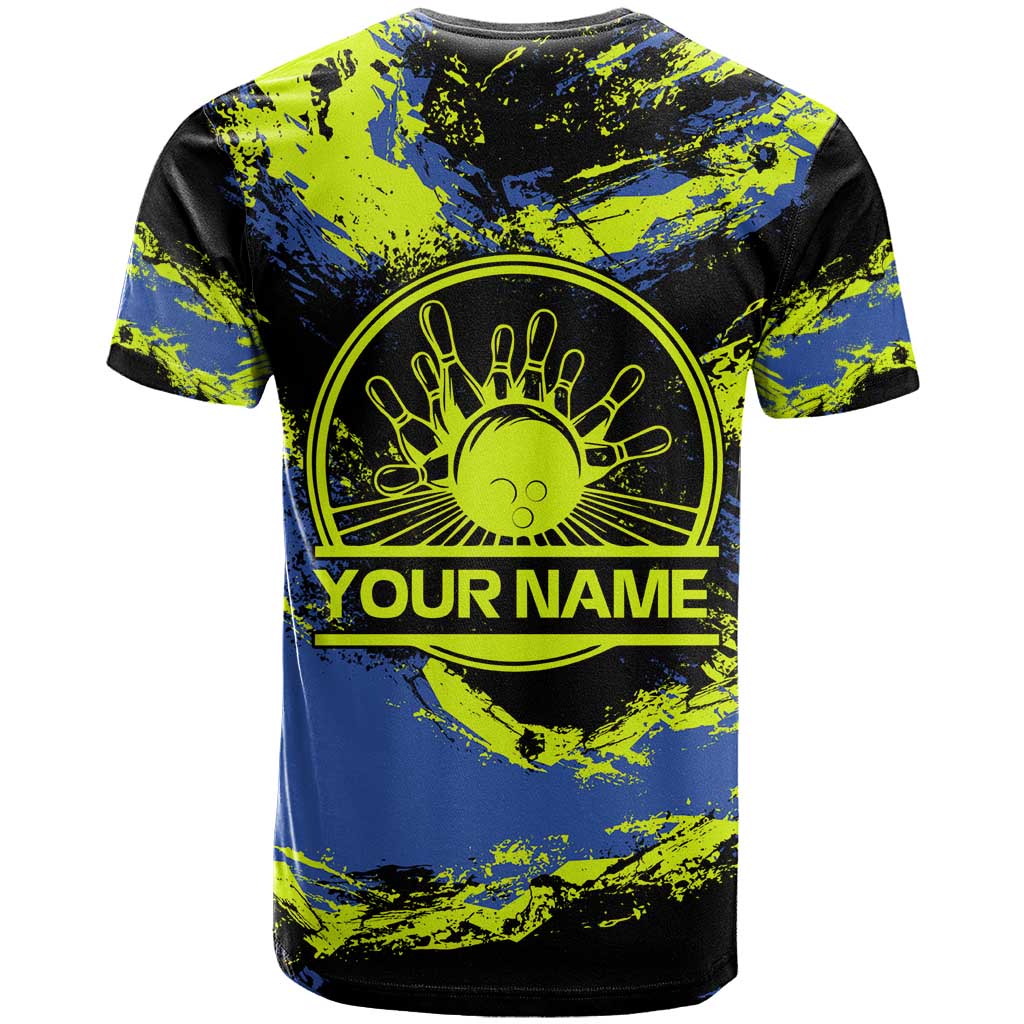 Abstract Blue and Yellow Bowling Ball Strike Design T-Shirt with Custom Name Print Graphic Tee