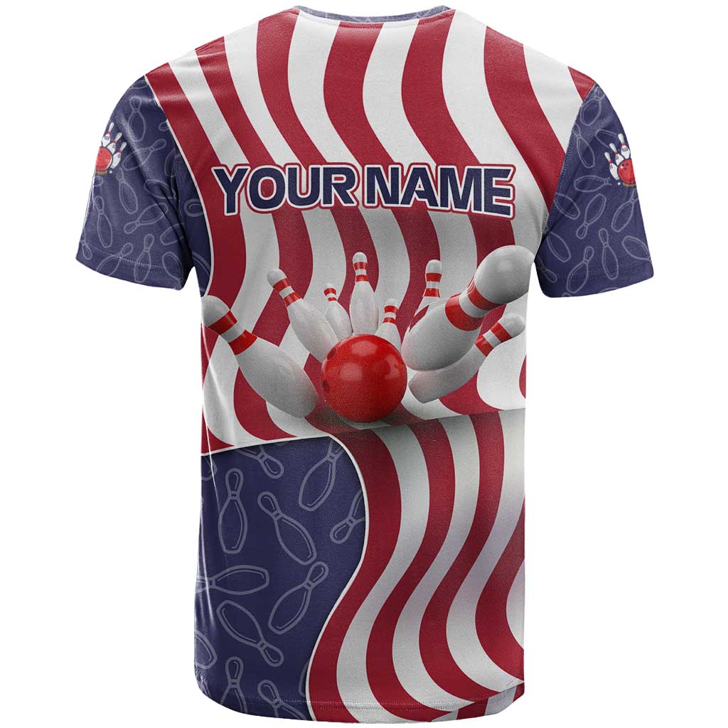 American Flag Bowling Pin Strike Graphic T-Shirt with Custom Name and Pattern Background Graphic Tee