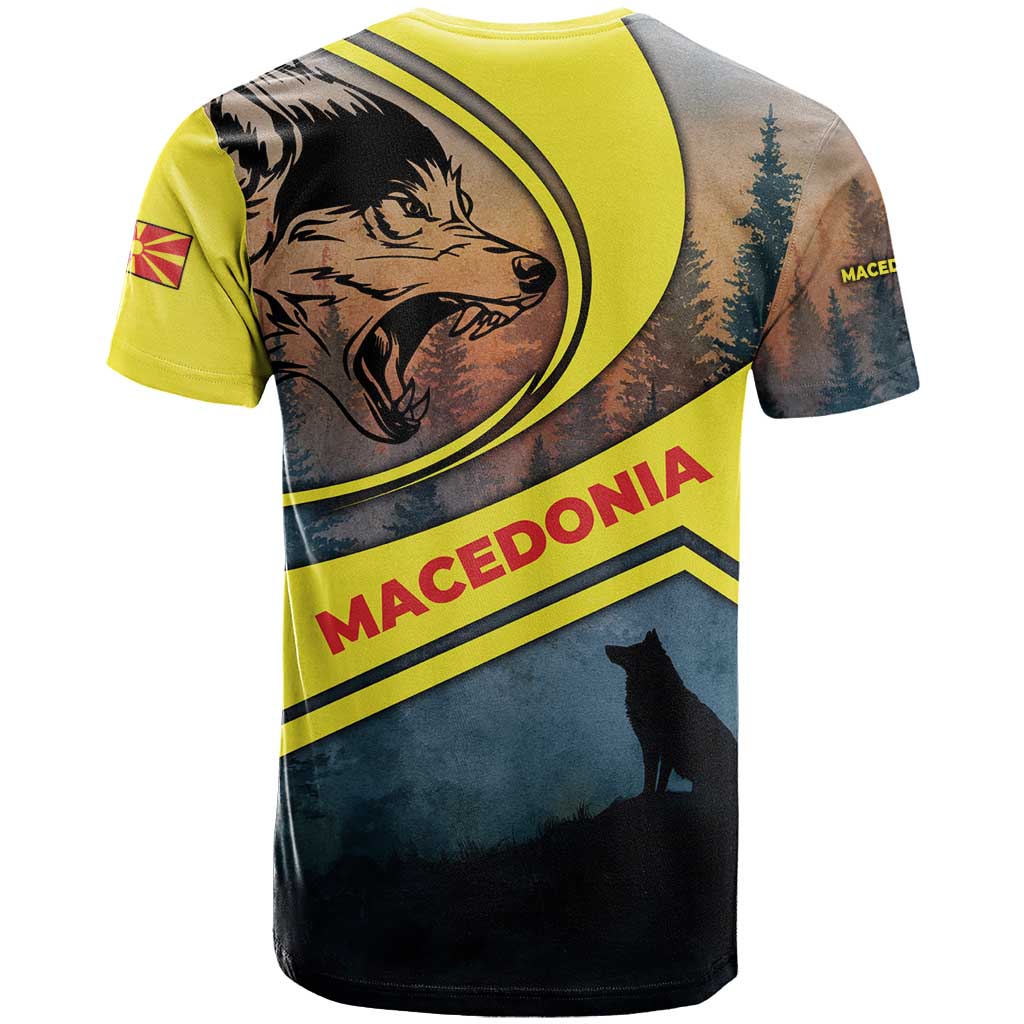 Macedonia T-Shirt with Forest Wolf and Sunset Silhouette Design Graphic Tee