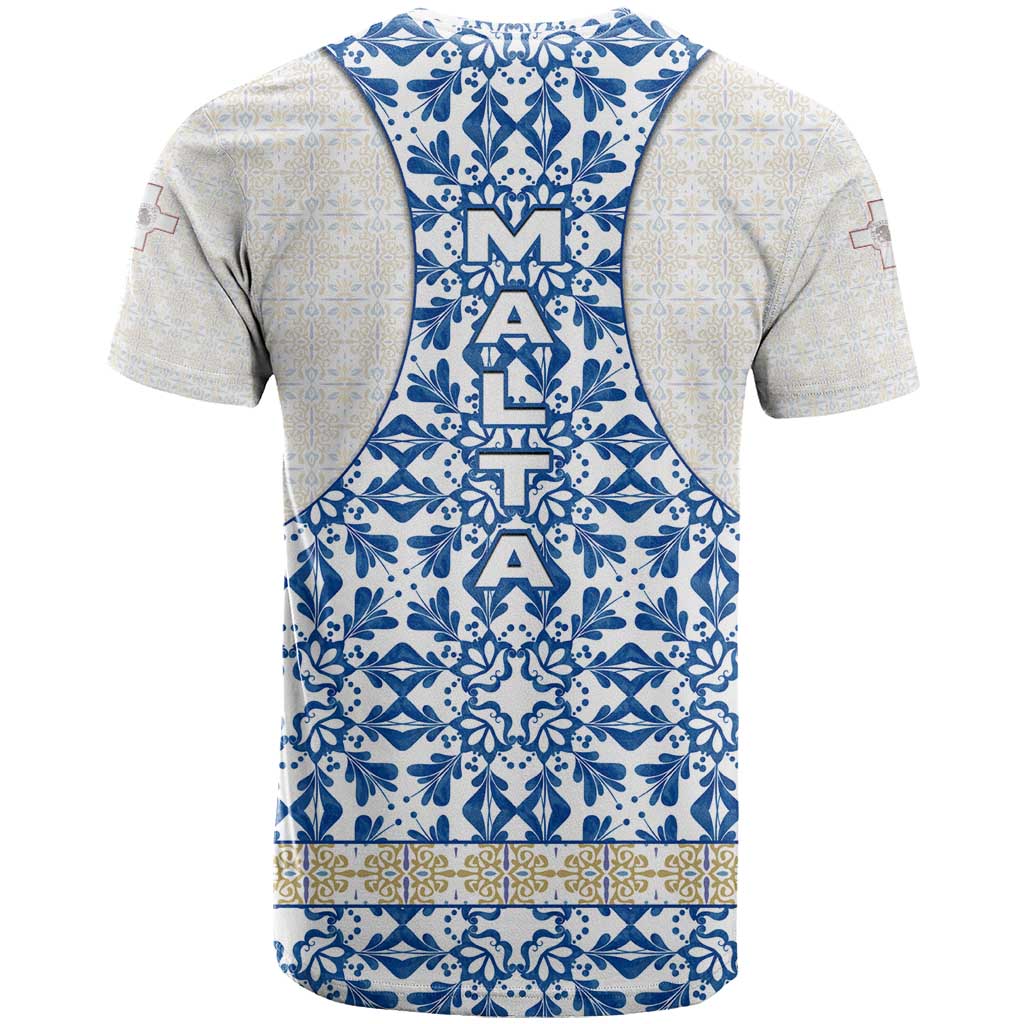 Malta T-Shirt with Blue White Tile Design and Maltese Cross Pattern Graphic Tee