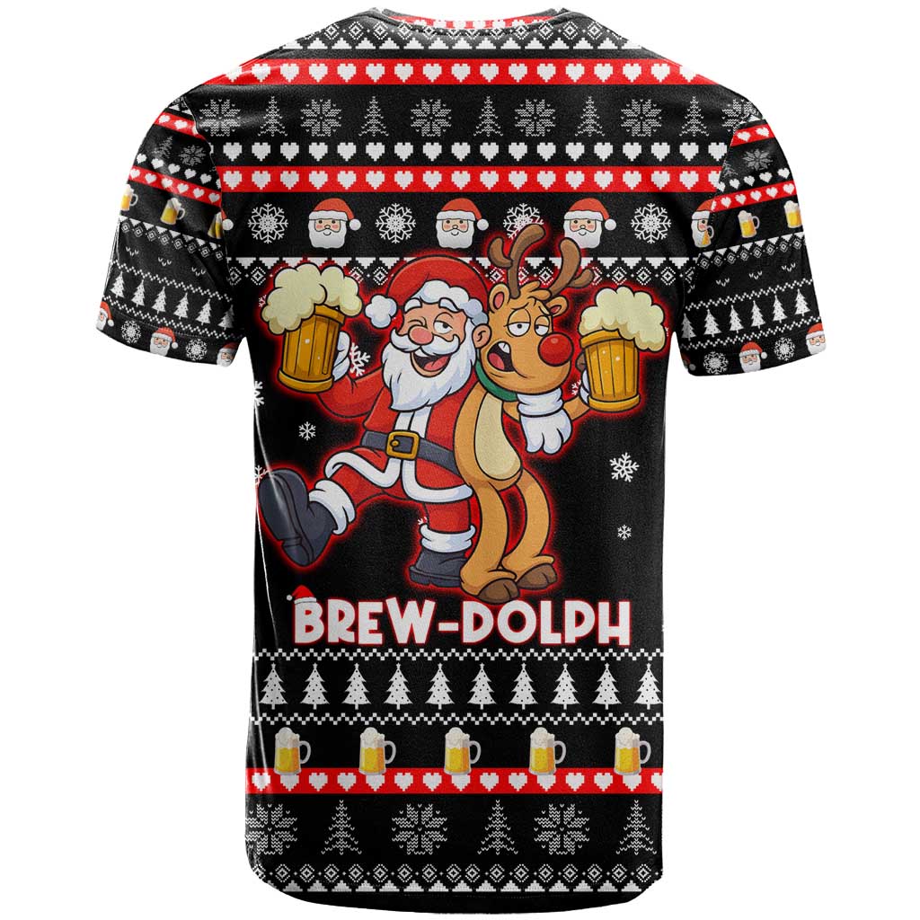Christmas Brewdolph Reindeer T-Shirt Xmas Holiday Patterns Graphic Tee
