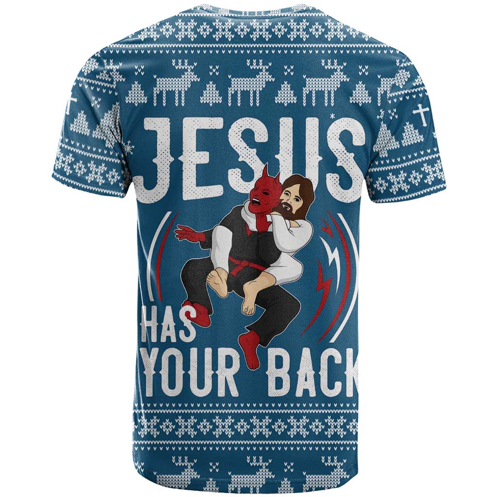 Jesus Has Your Back Jiu Jitsu Christmas T-Shirt Funny Xmas Holiday Patterns Graphic Tee