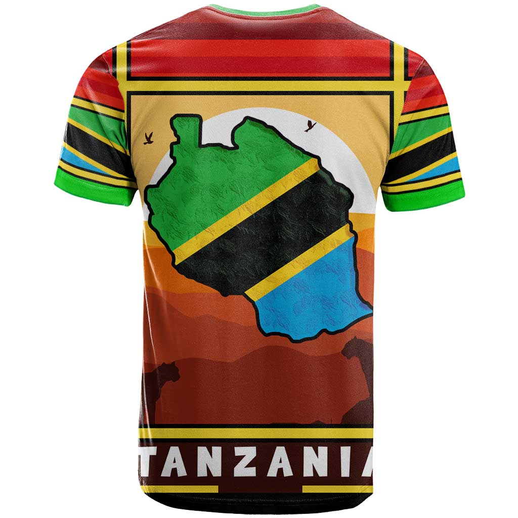 African Sunset Design T-Shirt with Flag Map Mount Kilimanjaro and Wildlife Scene Graphic Tee