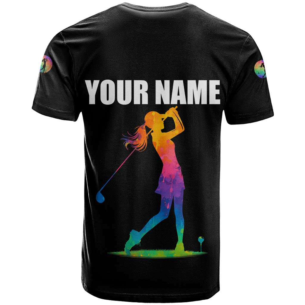 Colorful Golf T-Shirt Watercolor American Flag Female Golfer Silhouette in Rainbow Gradient Graphic Tee