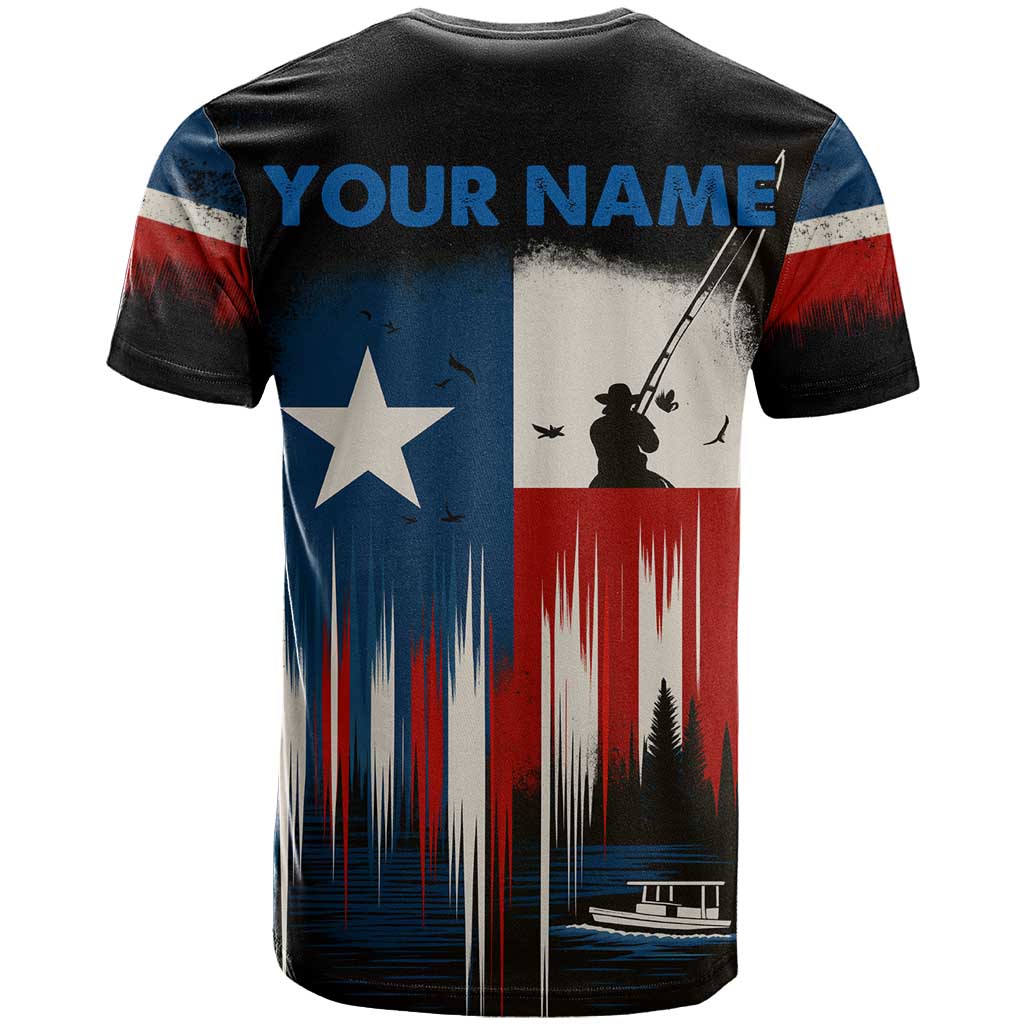 Texas Flag Fishing T-Shirt with Silhouette Fisherman and Rustic Lake Scene in Red White Blue Graphic Tee