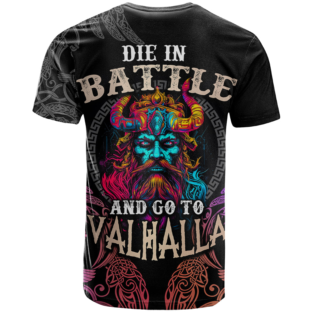 Nordic Warrior Viking T-Shirt with Raven Motif Neon Graphic Tee