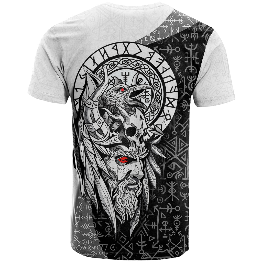 Viking Odin T-Shirt Ravens of Valhalla with Helm of Awe and Ancient Rune Patterns Graphic Tee