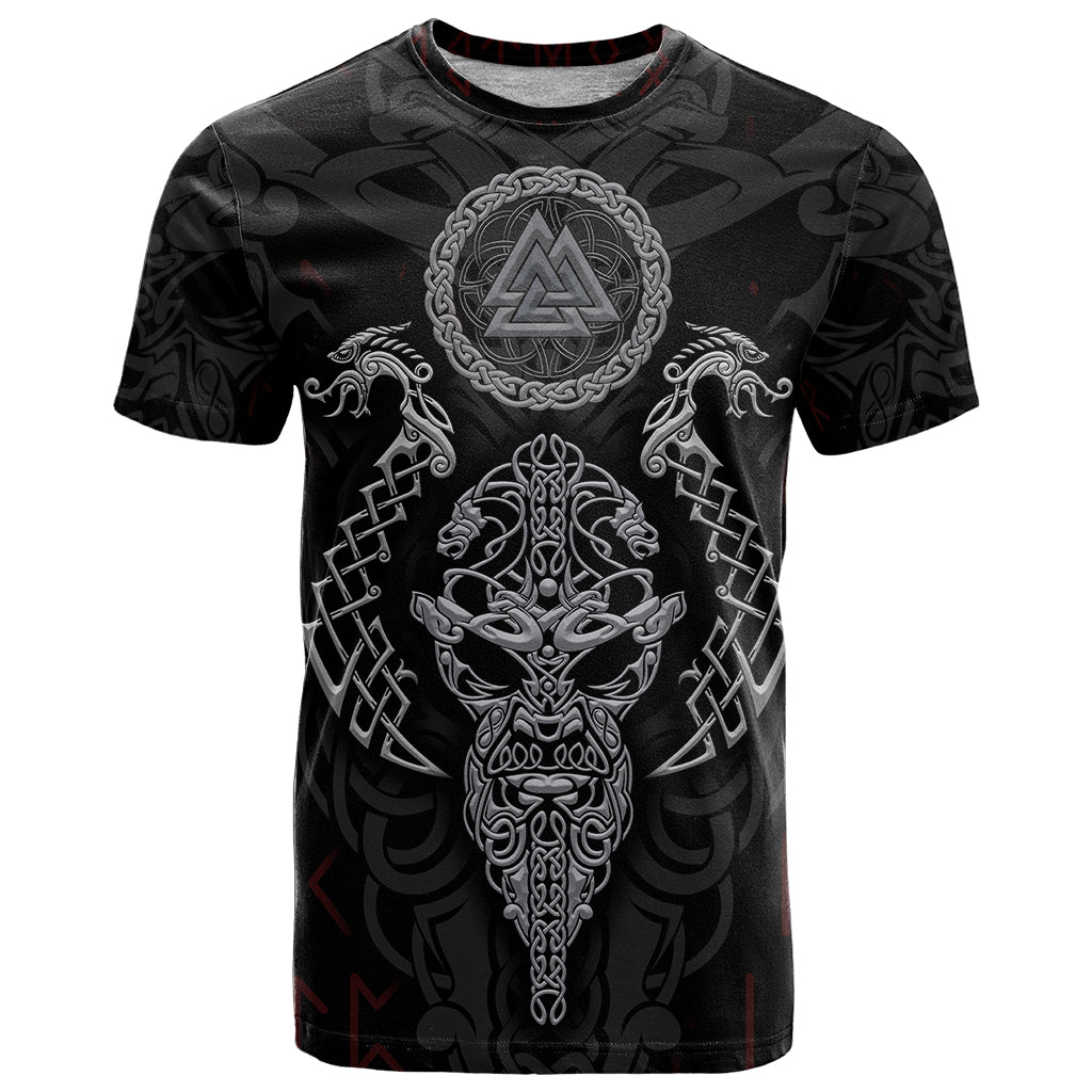 Viking Valhalla T-Shirt Odin and Drakkar Pattern Graphic Tee