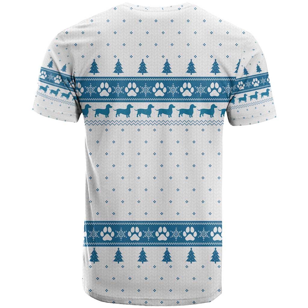Dachshund Dog Tree Stack T-Shirt with Blue White Paw Print Pattern Design Graphic Tee