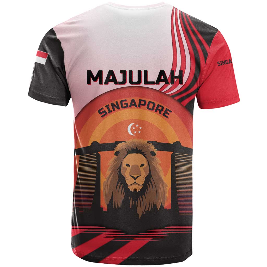 Singapore Lion T-Shirt with Sunset Marina Bay Design and National Flag Graphic Tee
