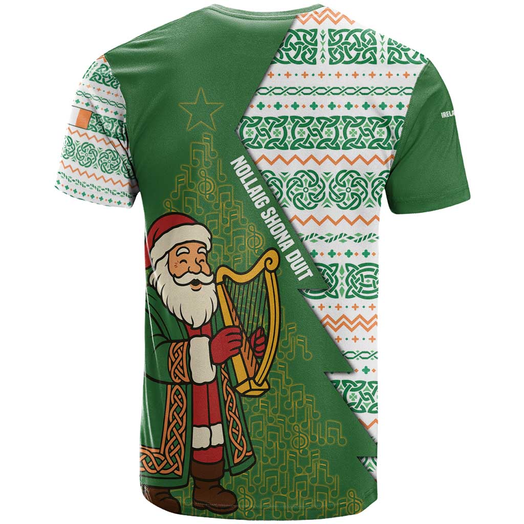 Ireland Christmas T-Shirt with Celtic Harp Santa and Green Holiday Pattern Graphic Tee