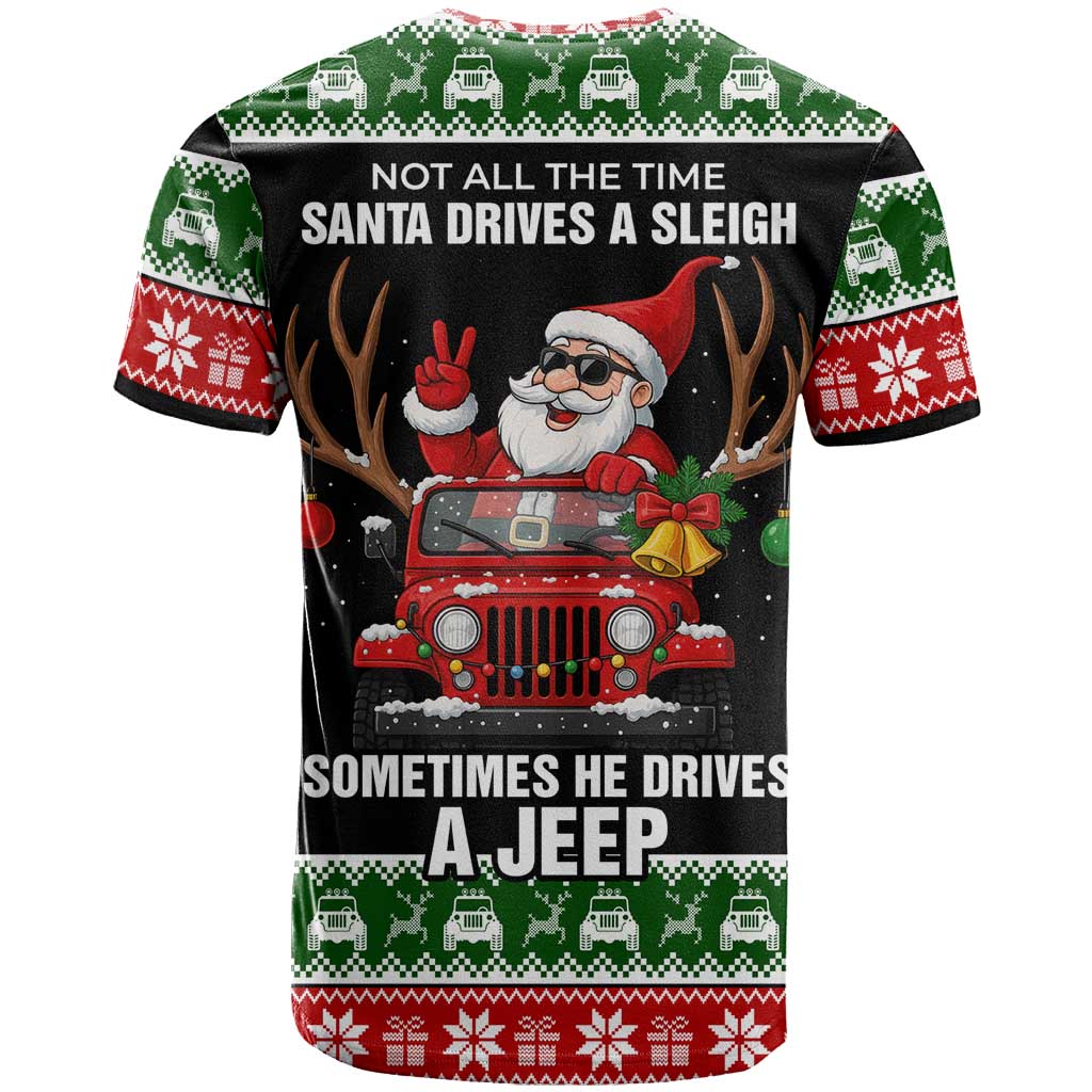 Santa Claus Drive A JEEP T-Shirt Funny Xmas Holiday Patterns Graphic Tee