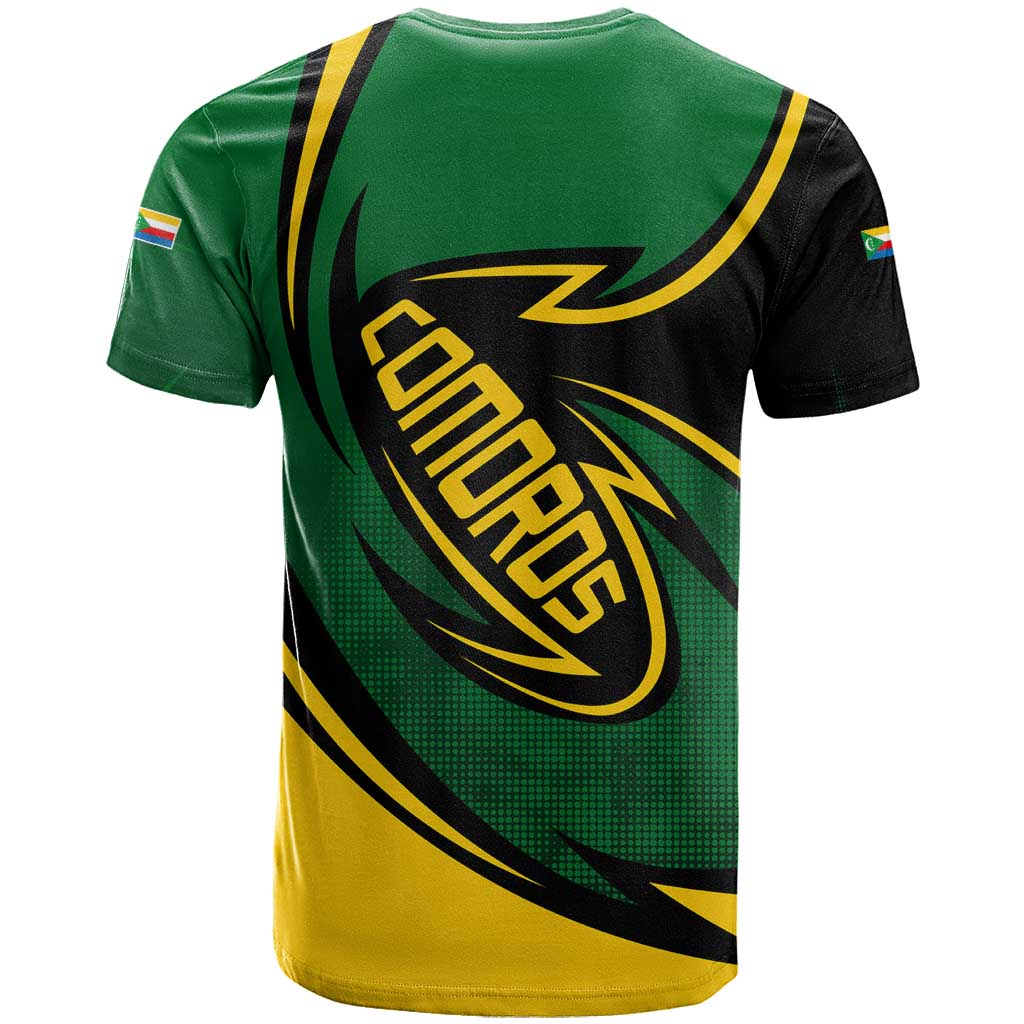 Comoros T-Shirt with Green Black Yellow Swirl Design and National Emblem Pattern Graphic Tee
