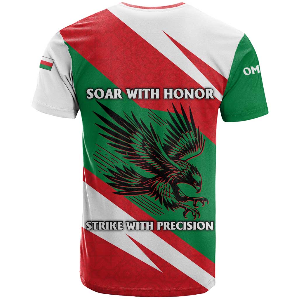 Oman T-Shirt with National Flag Colors and Falcon Soaring Graphic Design Graphic Tee