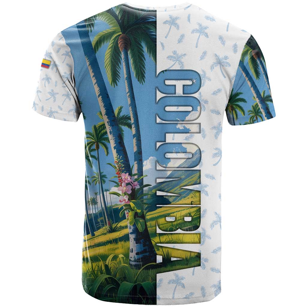 Colombia Palm Tree Landscape T-Shirt with Tropical Flowers and Blue Sky Design Graphic Tee