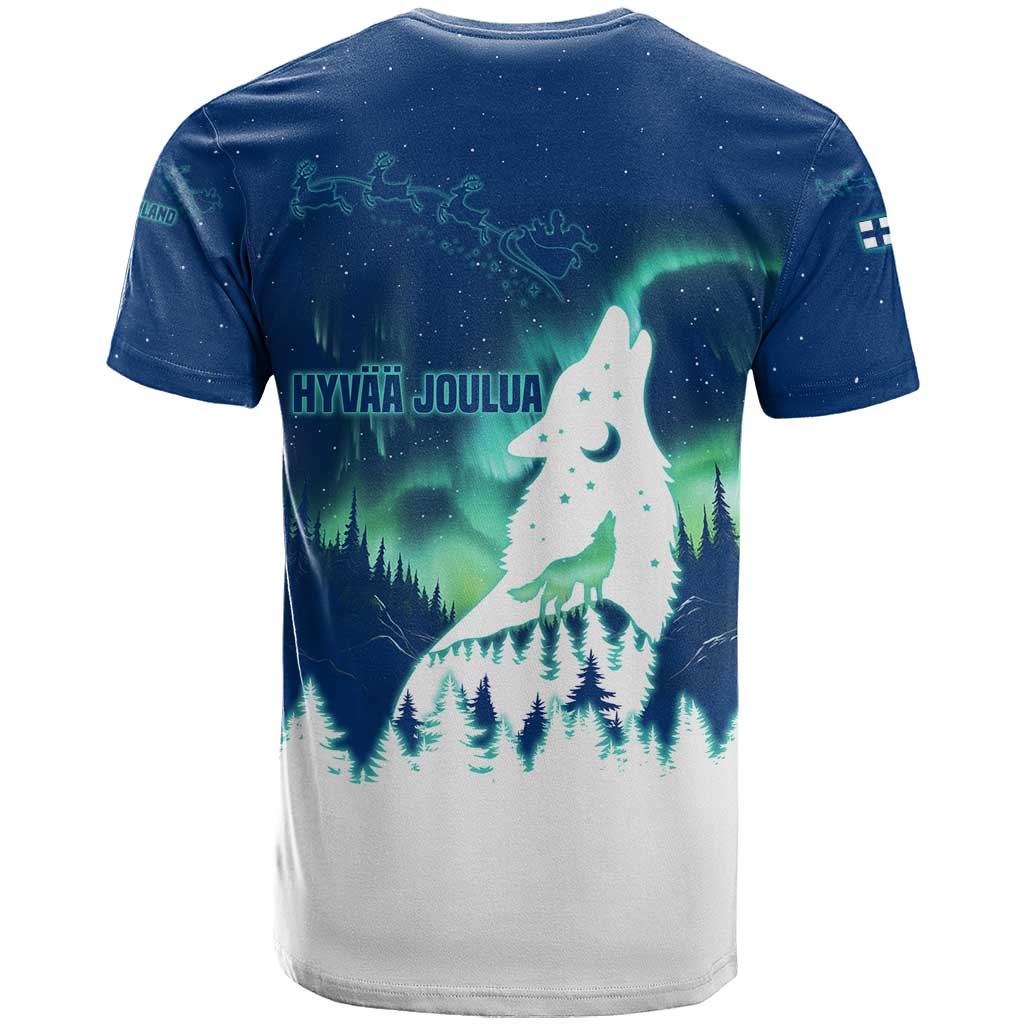 Finland Christmas T-Shirt with Howling Wolf Northern Lights Forest and Snow Design Graphic Tee