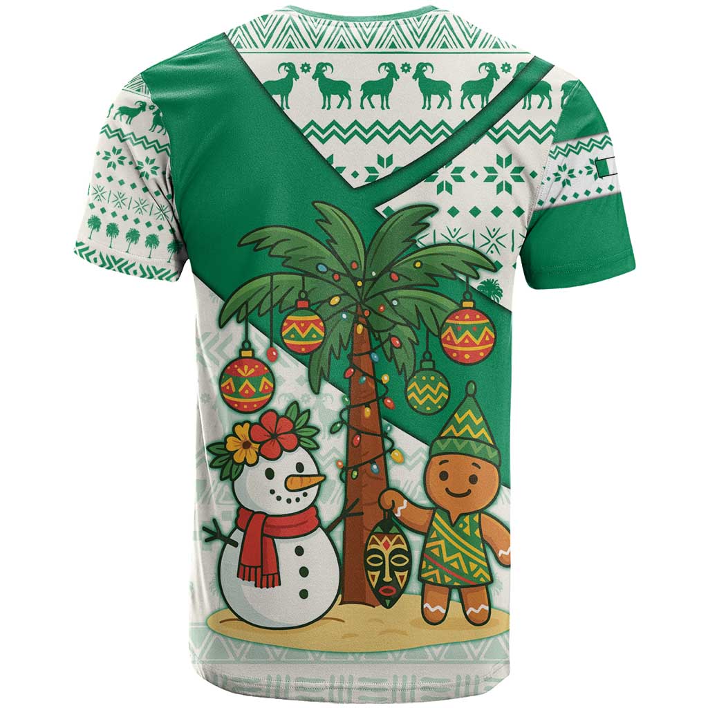 Nigeria Christmas T-Shirt with Gingerbread Snowman Palm Tree and Tribal Mask Design Graphic Tee