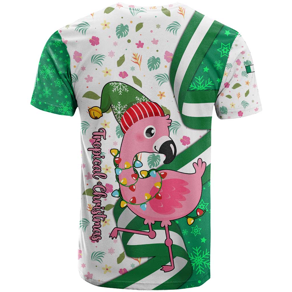 Nigeria Christmas T-Shirt with Pink Flamingo Tropical Leaves and Festive Lights Design Graphic Tee