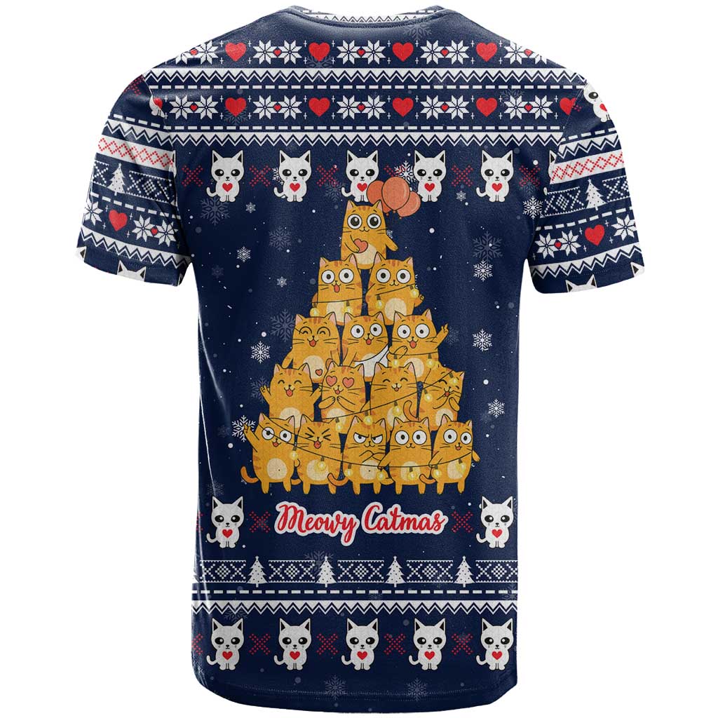 Meowy Catmas T-Shirt with Orange Cats Christmas Tree and Snowflake Pattern Design Graphic Tee