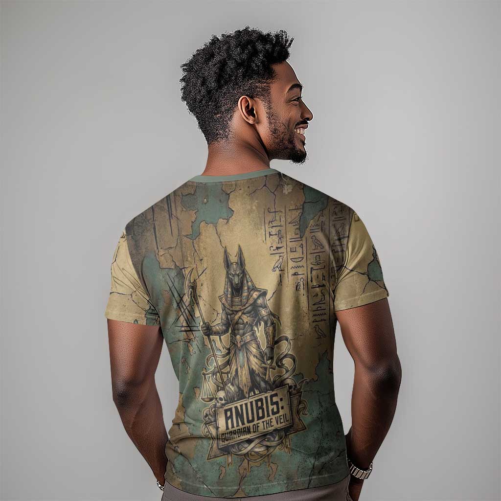 Anubis T-Shirt Ancient Egyptian Aged Papyrus, Scales of Justice, and Egyptian Hieroglyph Graphic Tee