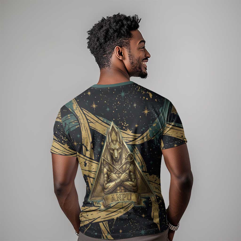Anubis Ancient Egyptian T-Shirt with Starry Mummy Wrap Pattern, Anubis Warrior Illustration, and Pyramid Graphic Tee