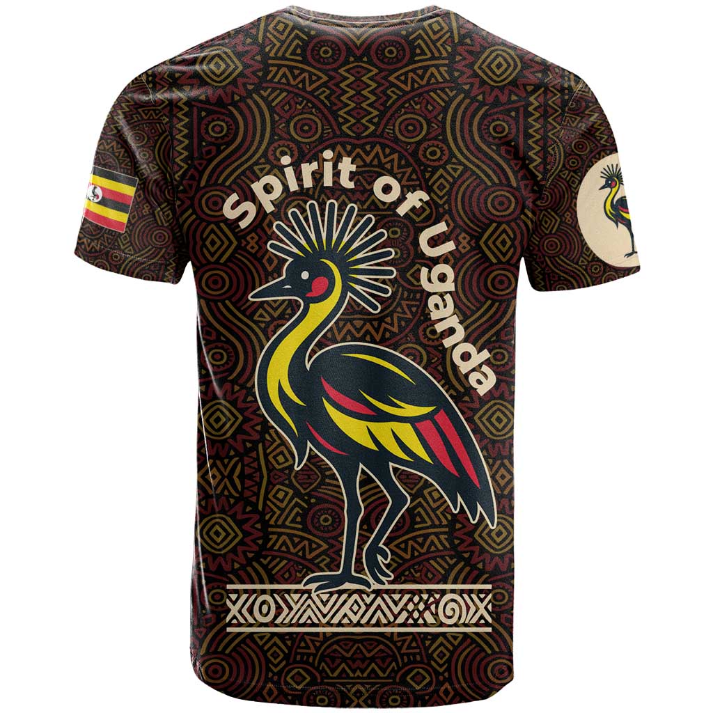 Uganda T-Shirt with Grey Crowned Crane and Tribal Pattern Spirit of Uganda Theme Graphic Tee