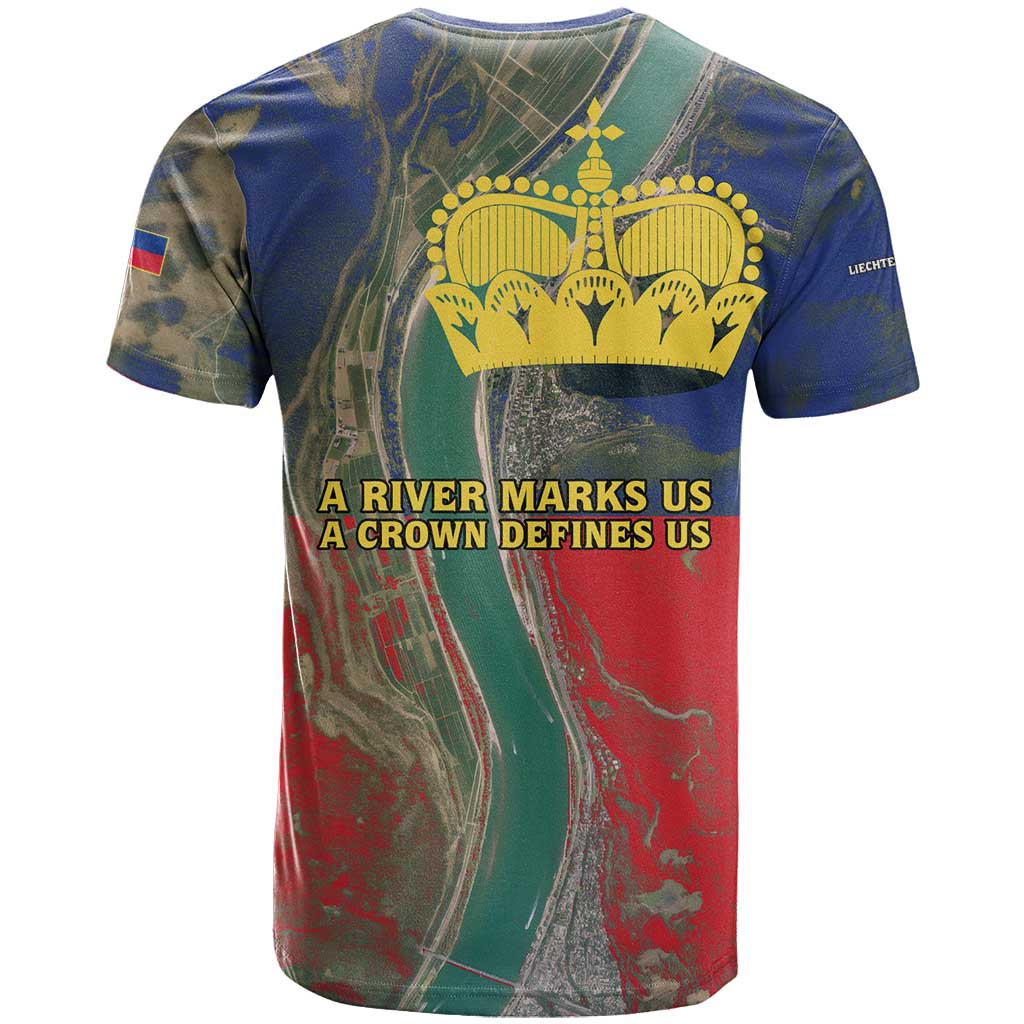Liechtenstein T-Shirt with Red Blue Aerial River Design and Yellow Crown Emblem Graphic Tee