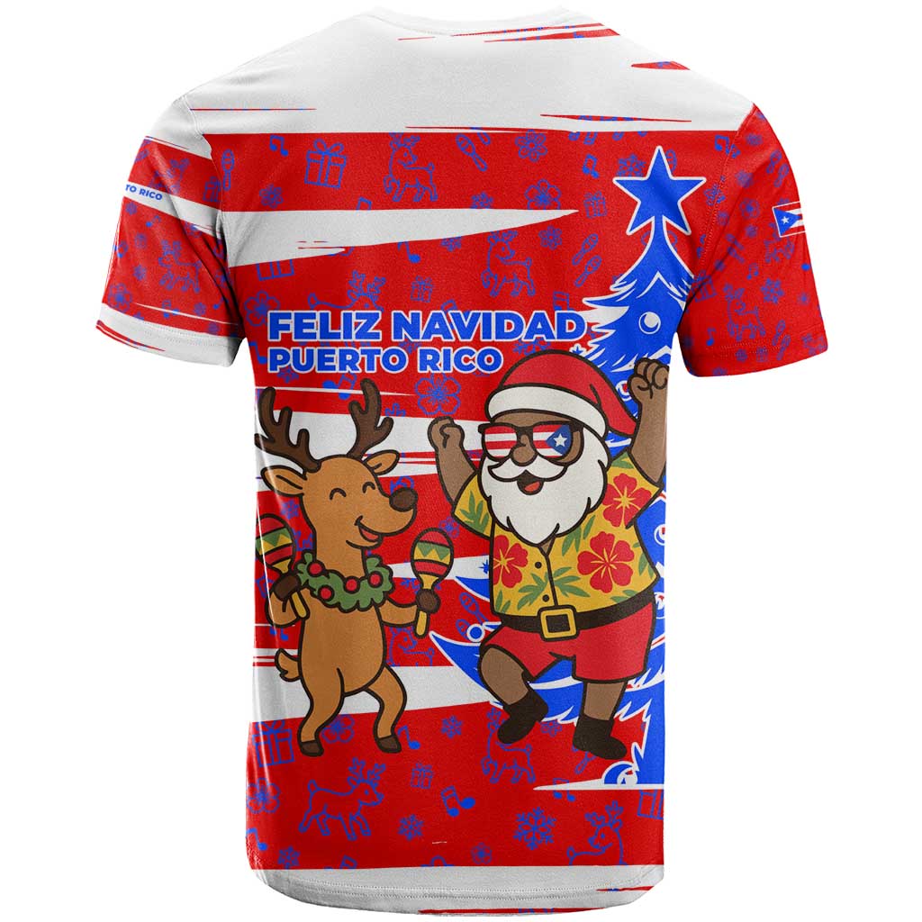 Puerto Rico Christmas T-Shirt with Dancing Santa Reindeer Blue Tree and Festive Flag Design Graphic Tee