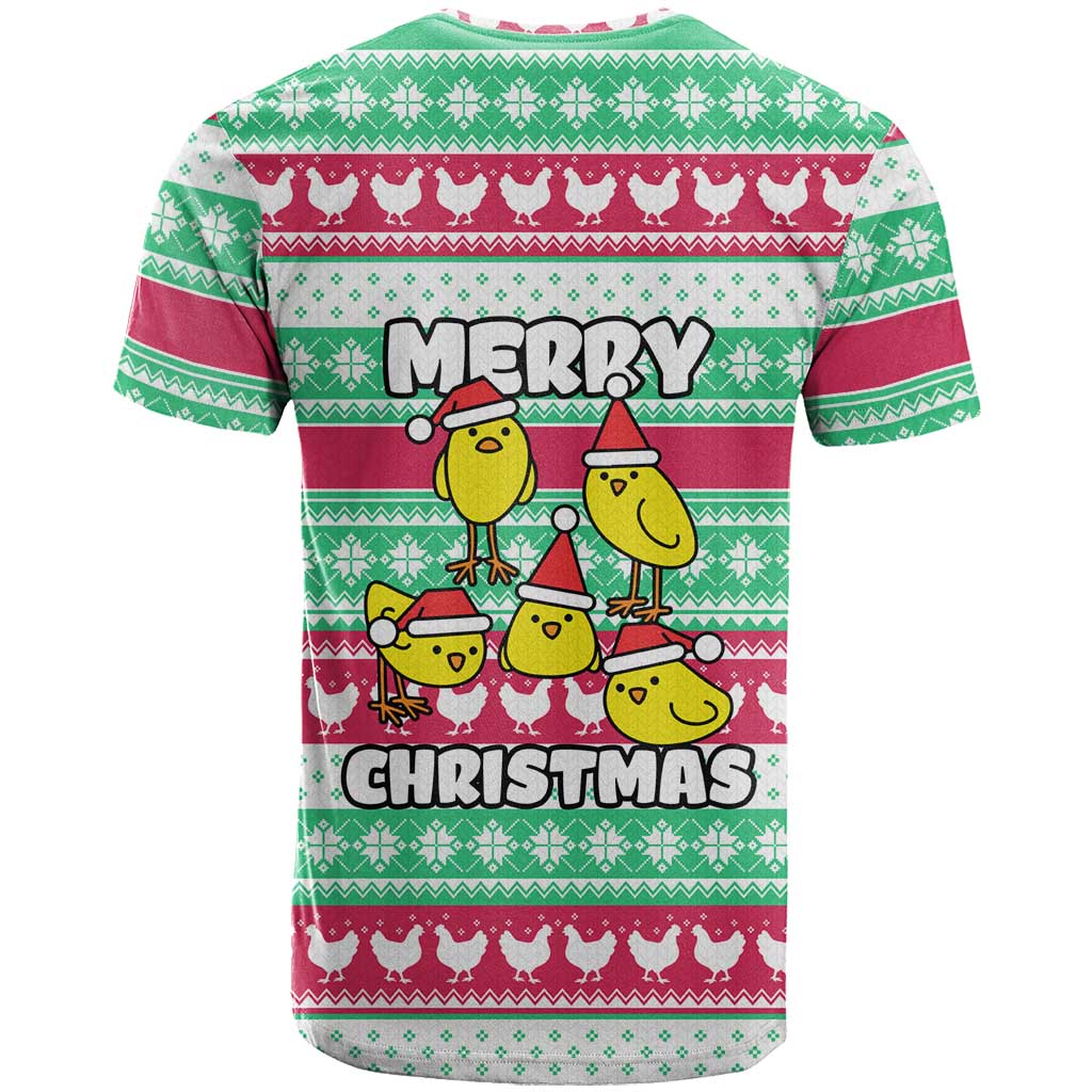 Merry Chickmas Christmas T-Shirt with Yellow Cartoon Birds in Santa Hats and Red Green Snowflake Pattern Graphic Tee
