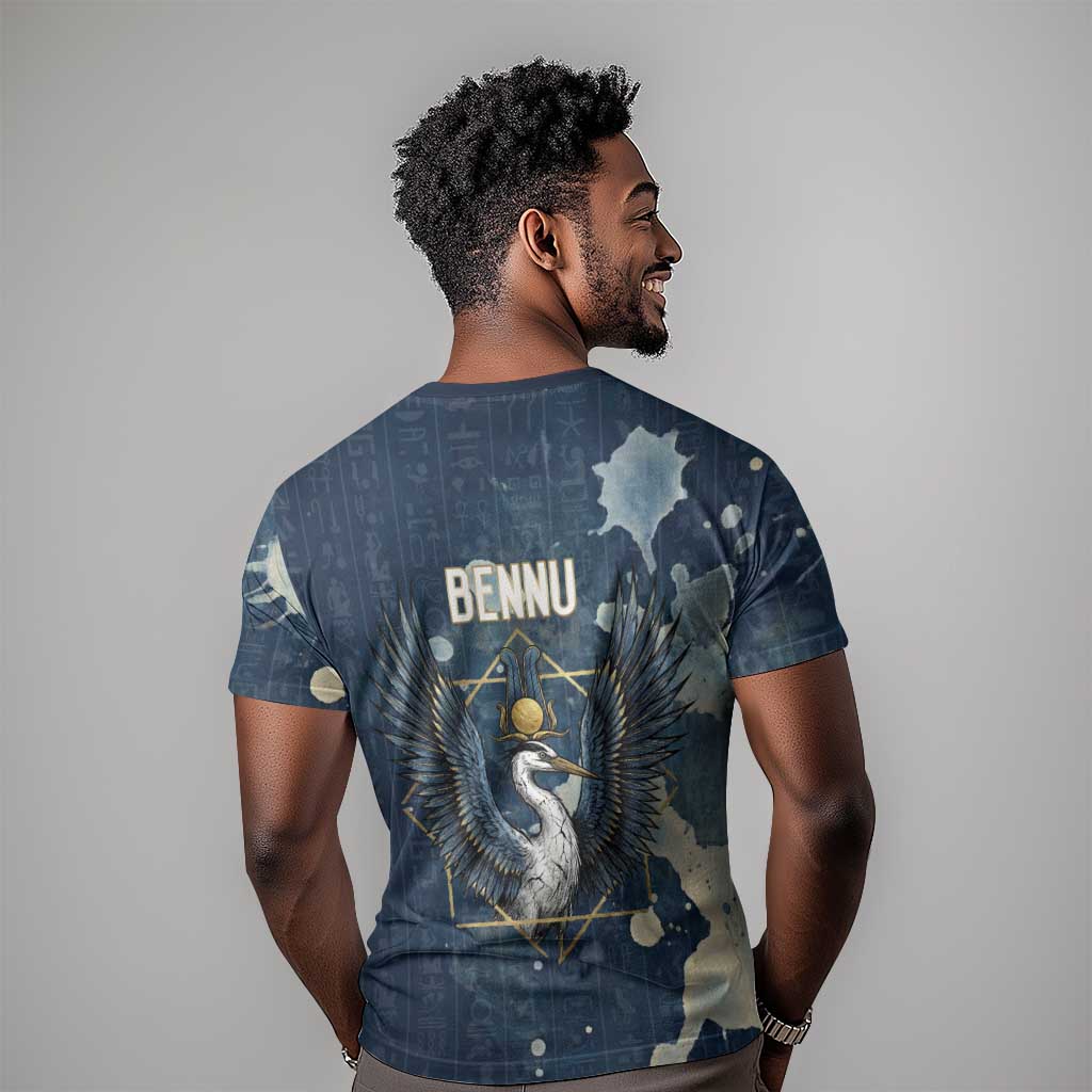 Bennu Ancient Egyptian T-Shirt with Deep Blue Ink Wash, Winged Bennu Bird and Soul of Ra Graphic Tee