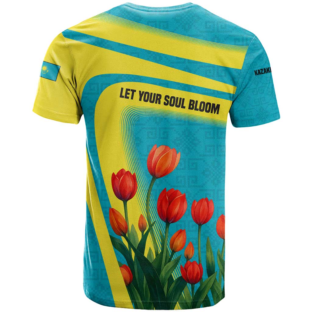 Kazakhstan National Flag T-Shirt with Red Tulip Bloom and Blue Yellow Ethnic Motif Graphic Tee