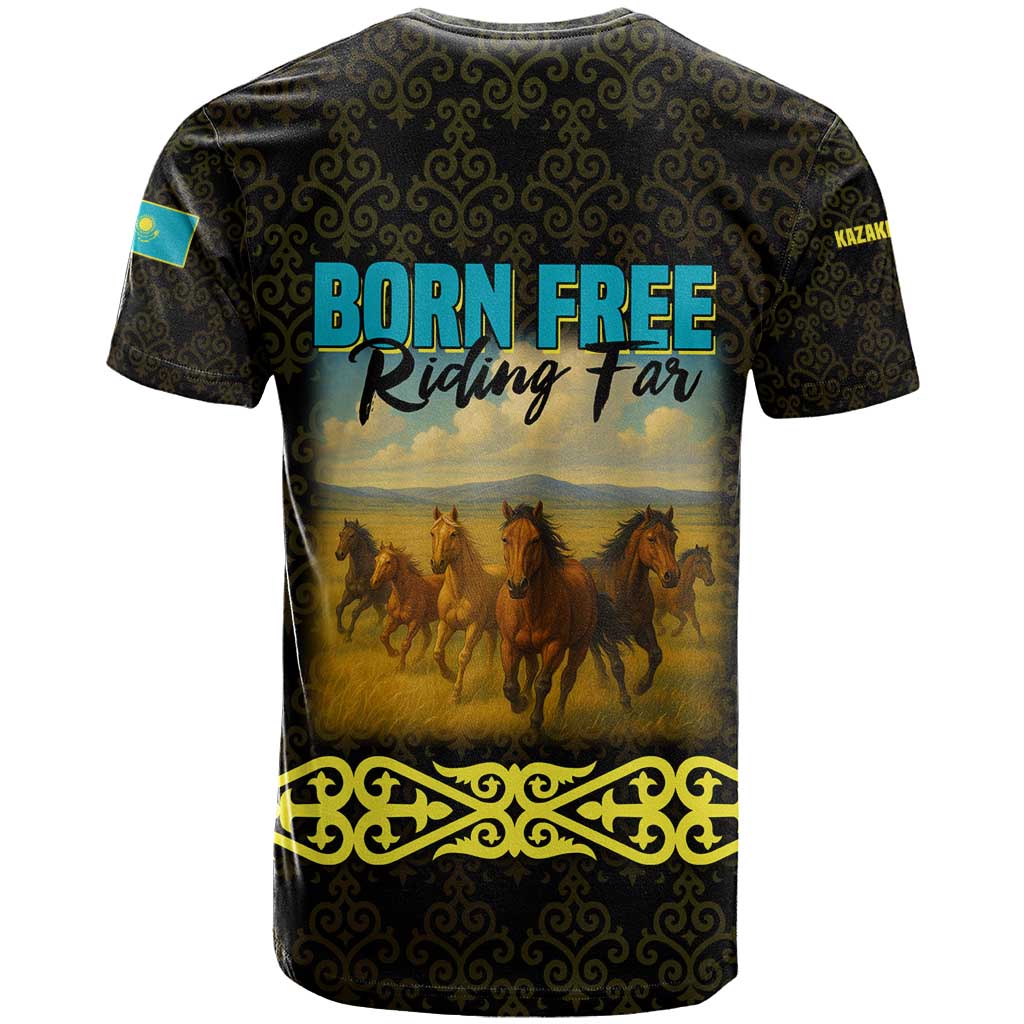 Kazakhstan Born Free Riding Far T-Shirt with Wild Horses and Gold Tribal Pattern on Black Graphic Tee