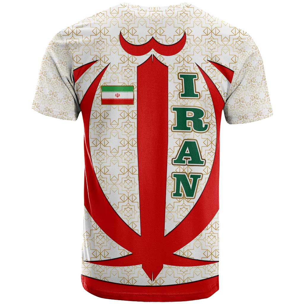 Iran Flag Pattern T-Shirt with Bold Red National Emblem Design Graphic Tee