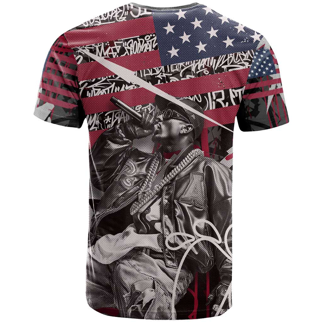 Hip Hop Graffiti T-Shirt with Rapper Portrait and American Flag Street Art Graphic Tee