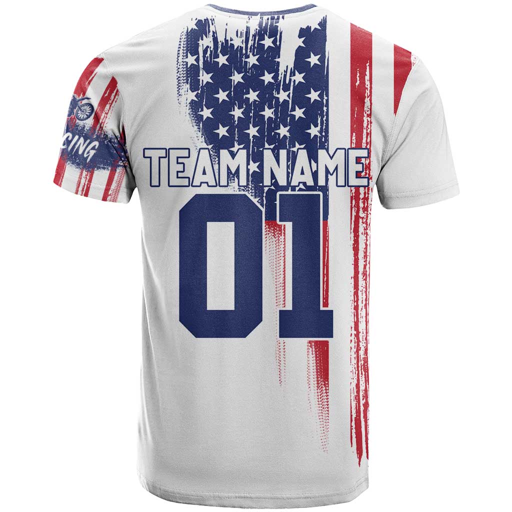 Motocross Rider Graphic Dirtbike Racing T-Shirt with Distressed American Flag and Custom Number Graphic Tee