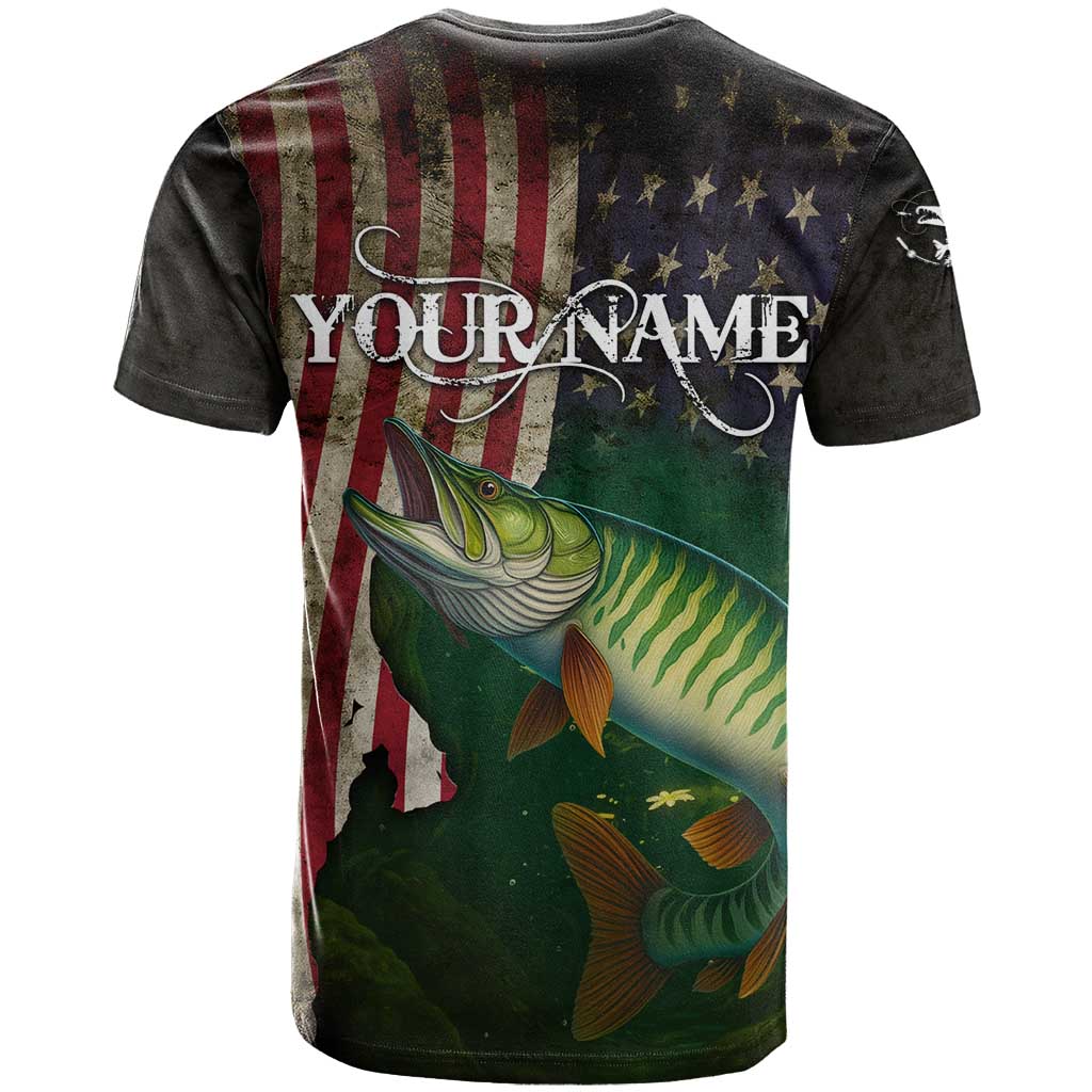 Musky Fishing Design T-Shirt with American Flag Background and Custom Name Print Graphic Tee