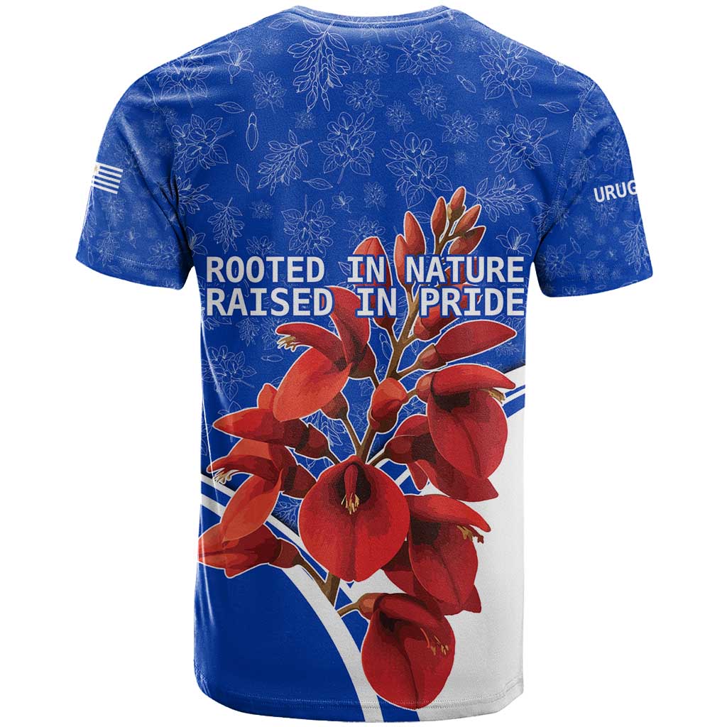 Uruguay T-Shirt with Erythrina Flower Illustration Blue White Nature Graphic Tee