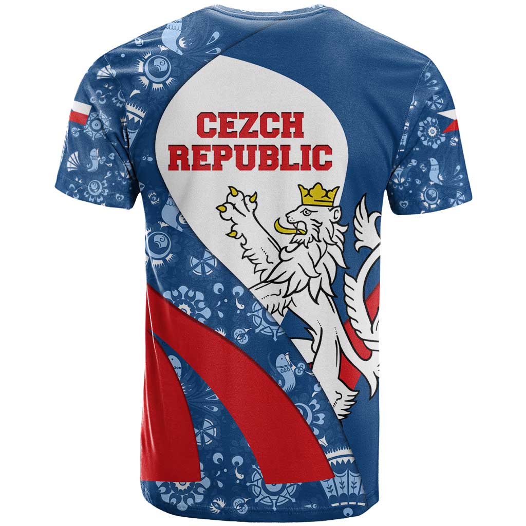 Czech Republic T-Shirt with Blue Red Folk Pattern Design and National Lion Emblem Graphic Tee