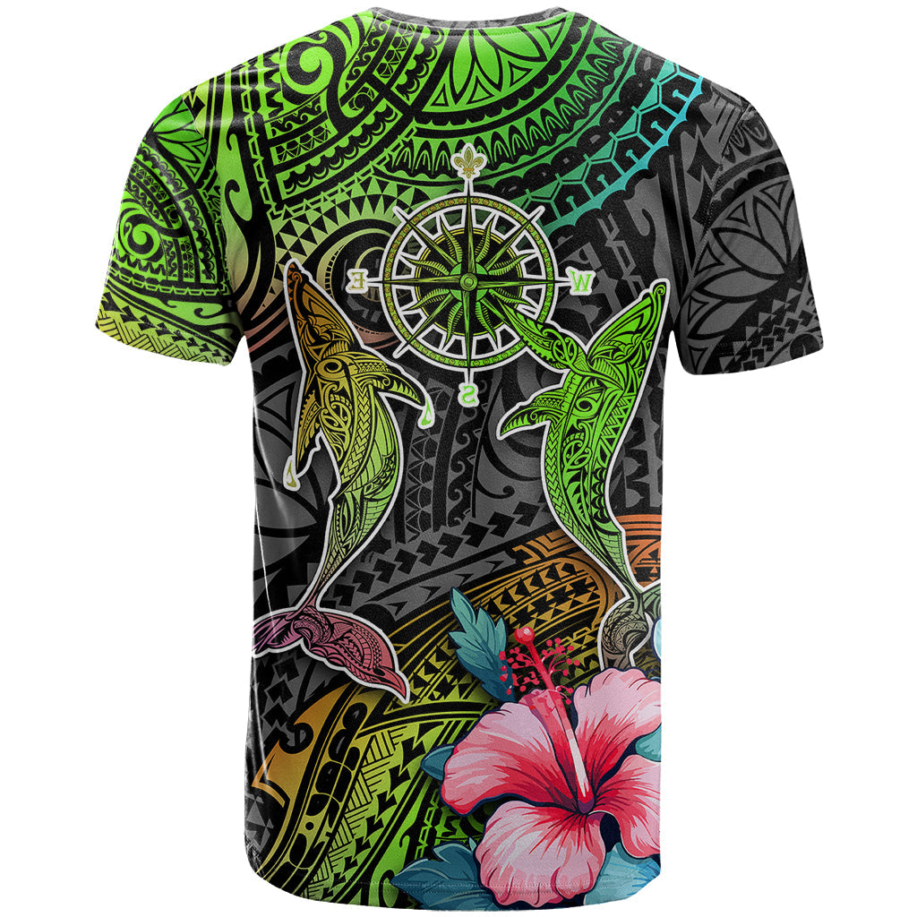 Polynesian T-Shirt Whales and Compass Gradient Pattern Graphic Tee